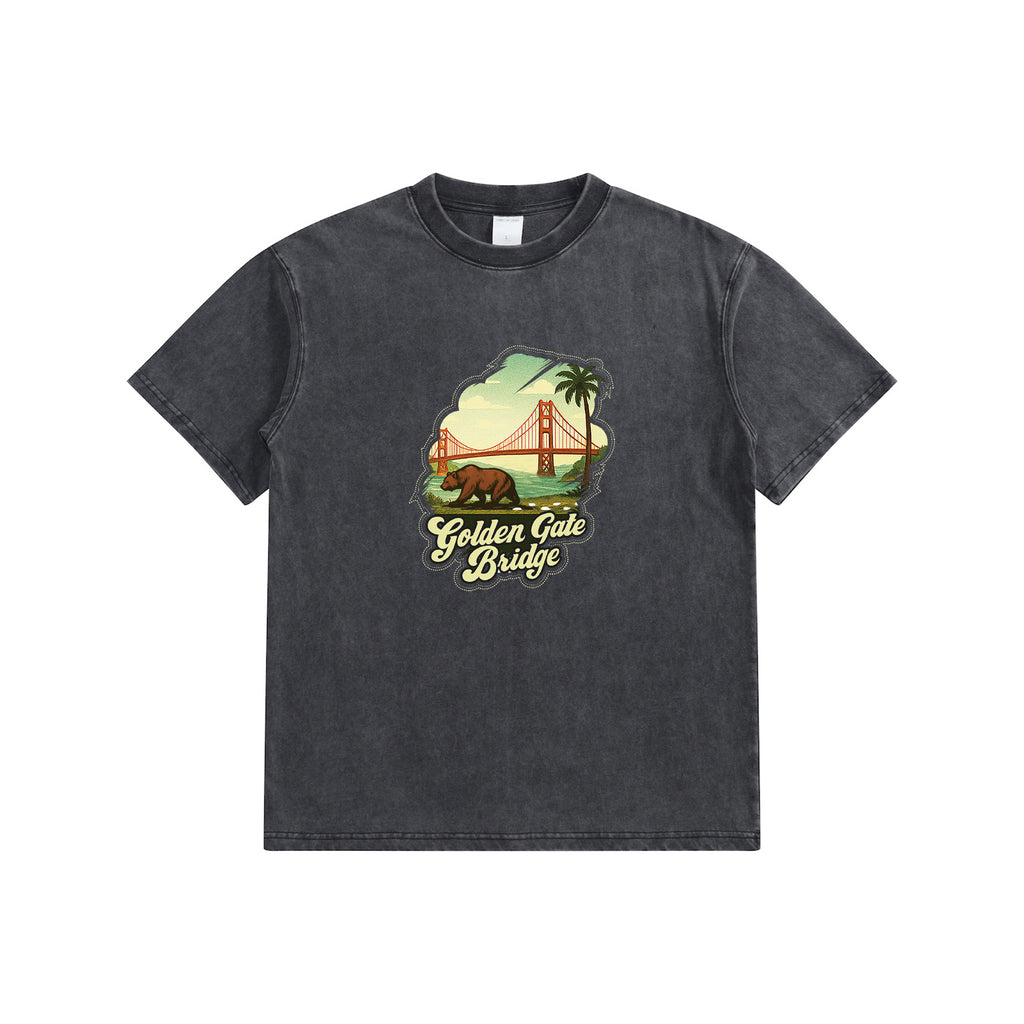 Black t-shirt with 'Golden Gate Bridge' graphic on a white background